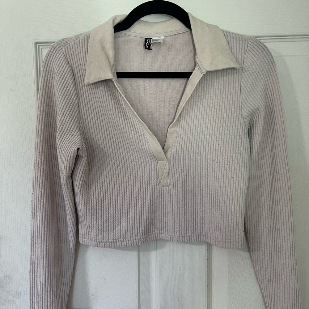 H&M Cream Ribbed Long Sleeve Crop Top